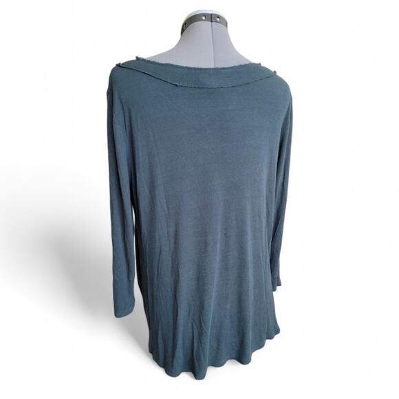 Knot Front Stretchy Long Sleeve Top Size Large Fine Ribbed Turquoise - Picture 4 of 6